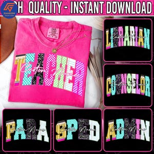 Custom Retro School Occupation PNG Bundle, Back to School Png, Teacher Sped Para Counselor, Preppy First Day of School Checkered Girly Png