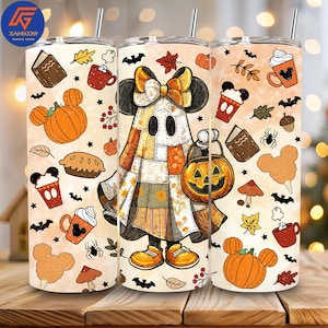 Halloween Cartoon 20oz Tumbler Wrap PNG, Spooky Movie Character Design, Mouse & Friends Halloween Digital Sublimation Tumbler PNG