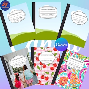 Benutzerdefinierte Komposition Notebook-Vorlage, Komposition Buch voll bearbeitbarer Canva Rahmen, Komposition Notebook Cover Vorlage, DIY, Digitale Datei