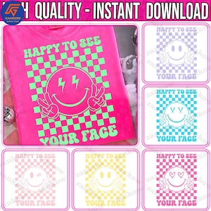 Happy To See Your Face Neon Checkered Bundle Png, Neon First Day Of School Kids Png, Retro Teacher Png, Preppy Smiley Back To School Png