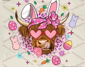 Easter Day Highland Cow Png, Retro Easter Png, Easter Bunny Png, Clover, Shamrock Png, Happy Easter Sublimation Design, Digital Download