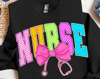 Retro Checkered Nurse Png, Neon Nurse Coquette Shirt Design, Nurse Appreciation Png, Gift for Nurse, Preppy Nurse Life Png, Nurse Bow Png