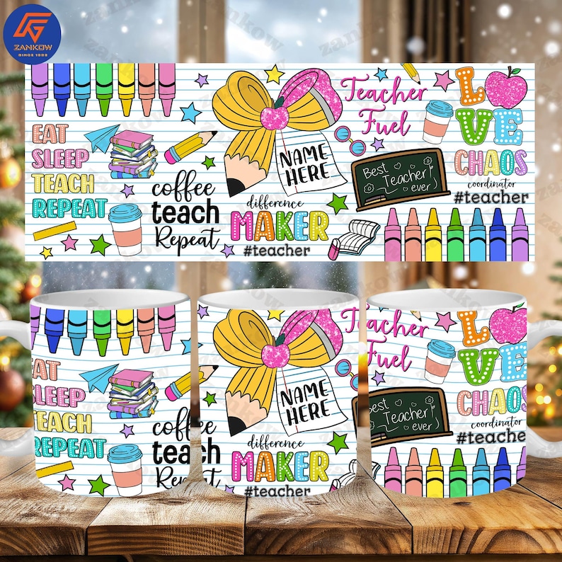 May include: White ceramic mug featuring a colorful design with pencils, crayons, and the words "Teacher Fuel," "Eat Sleep Teach Repeat," and "Difference Maker." The mug has a teacher theme with a chalkboard and apple.