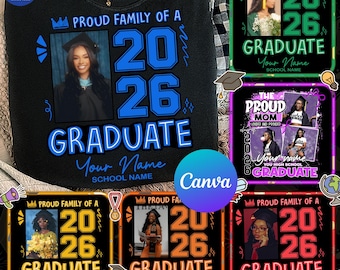 Graduación familiar orgullosa 2026 PNG, plantilla editable de camiseta de graduación de Canva, diseño para estudiantes de último año de 2026, descarga para graduados de 2026