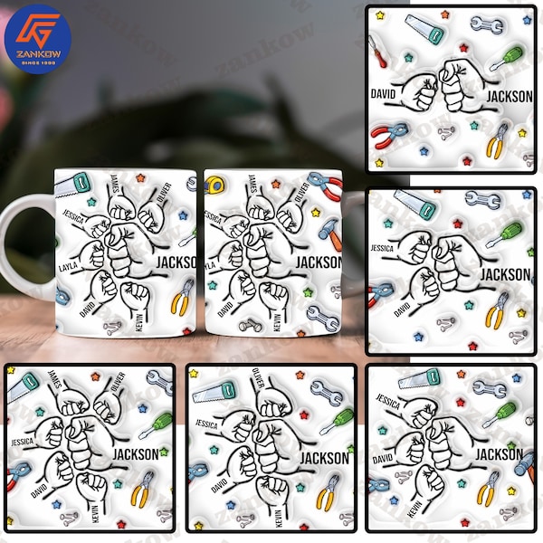 1-6 enfants main fête des pères fête des pères 3D Mug Wrap 11 oz Design, gonflé Png papa poing bosse cadeau personnalisé personnalisé, téléchargement numérique