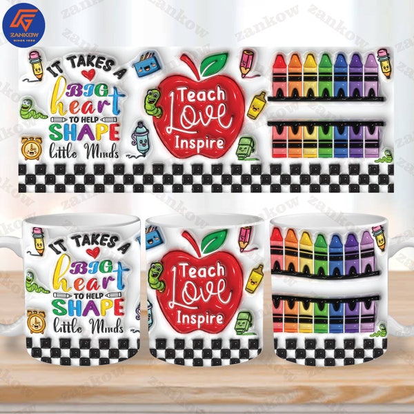 3D Inflated Teach Love Inspire 11oz Mug Wrap, Puff Teacher Life Nutrion Mug Wrap Design, Happy 100 Day Of School 11oz Mug Wrap Digital File