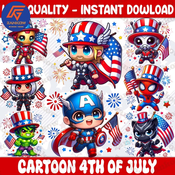 8 Funny Superhero Cartoon Fourth Of July Png Bundle, Cartoon Independence Day Png, 4th Of July Png, 4th of July sublimation, America Png