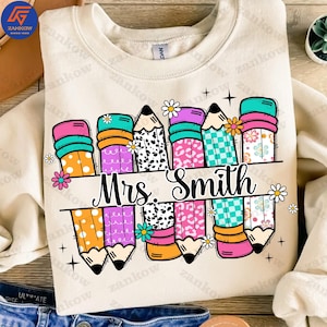 Custom Name Of Teacher Png, Back To School Teacher Shirt Design, Preppy Pencil Teacher Name Custom Png, First Day School Png, Digital File
