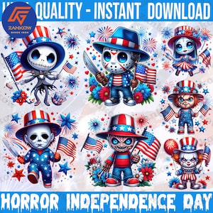 Pacchetto di 7 PNG di film horror del 4 luglio, PNG del Giorno dell'Indipendenza dei cartoni animati, PNG del 4 luglio, Sublimazione del 4 luglio, PNG dell'America, File digitale