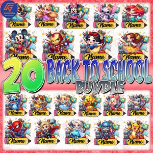 20 Designs Back To School PNG Bundle, Custom Name Png, Happy Back To School Png, Cute Cartoon Character Png, Custom School Bundle Png