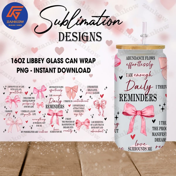 Soft Girl Bow Couquette Era Daily Quote Reminders 16oz Glass Can Wrap, Coquette Pink Bow Libbey Glass, Balletcore Room Decor, Digital File