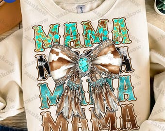 Retro Western Mama Png, Brown And Turquoise Cowhide Coquette Bow Png, Cowgirl Mama Png, Western Mother’s Day Png, Howdy Mom Bow Png
