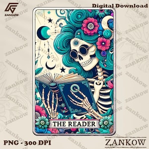 Die Leser-Tarotkarte PNG, Leseskelett-Sublimationsdesign, Buchliebhaber Booktrovert Schädel-Tarot-T-Shirt Becher PNG-Datei, digitaler Download