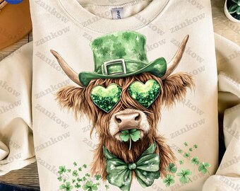 St Patrick's Day Highland Cow PNG,  Shamrock Png, Western Patrick Png, Retro St Patricks Png, St Patrick's Day Png, Clover Design