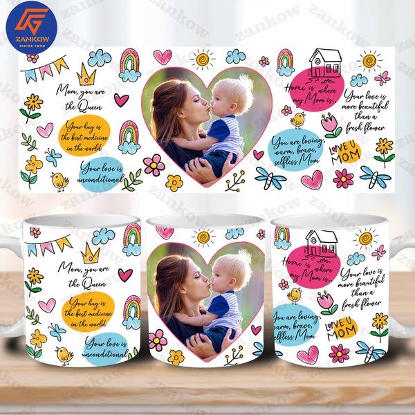 Tazza personalizzata Ti amo mamma tazza Png floreale, modello di foto a cuore per sublimazione, regalo personalizzato per la festa della mamma, felice festa della mamma