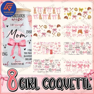 Puede incluir: Un collage digital de imágenes rosas y blancas con el texto "8 Girl Coquette" en la parte inferior. El collage incluye imágenes de lazos, conejos, pelotas de béisbol y citas inspiradoras.
