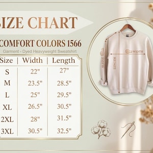 May include: A size chart for a Comfort Colors 1566 garment-dyed heavyweight sweatshirt. The chart lists sizes S through 3XL with corresponding width and length measurements in inches. A beige sweatshirt is shown with arrows indicating sleeve, width, and length.