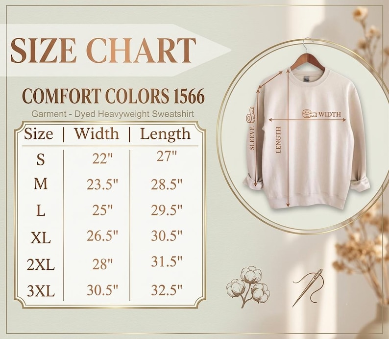 May include: A size chart for a Comfort Colors 1566 garment-dyed heavyweight sweatshirt. The chart lists sizes S through 3XL with corresponding width and length measurements in inches. A beige sweatshirt is shown with arrows indicating sleeve, width, and length.