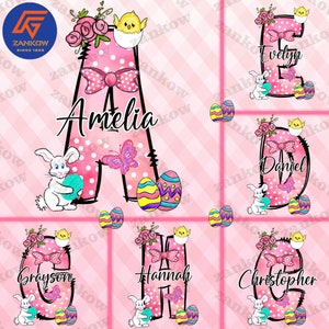May include: Pink and white polka dot letters with a bunny, chick, and butterfly design. The letters are decorated with a pink bow and flowers. The letters spell out the names Amelia, Evelyn, Daniel, Grayson, Hannah, and Christopher.