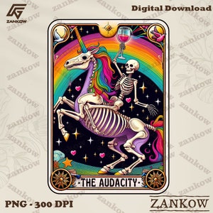 De Audacity Funny Tarot Card PNG, Sarcastisch Skeleton Design, Cool Populaire Trendy Kleurrijke Eenhoorn T-Shirt PNG, Snarky Grappig, Digitaal Bestand