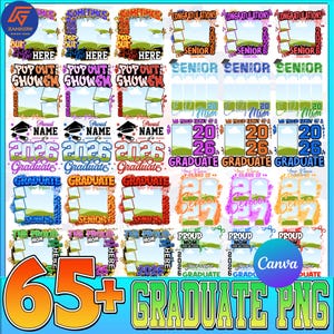 May include: A collection of colorful graduation-themed PNG graphics. Designs include photo frames with text like "Graduate," "Senior," and "Proud Mom." The graphics feature various colors and styles, with the Canva logo visible.