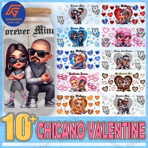 Könnte beinhalten: Eine digitale Illustration von über 10 Chicano-Valentinstag-Designs mit Paaren in verschiedenen Posen mit Herzen und Text. Der Text beinhaltet "Forever Mine", "La Sadgirl", "Bestfriends Forever", "My Spanish Girl", "Wife Now, Cry Later", "Always And Forever".