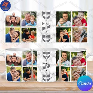 Taza personalizada con foto de papá (PNG) y nombres de niños, Canva Edit Photo (taza de 11 oz) para papá, envoltura para taza del Día del Padre (PNG), taza con collage de fotos familiares