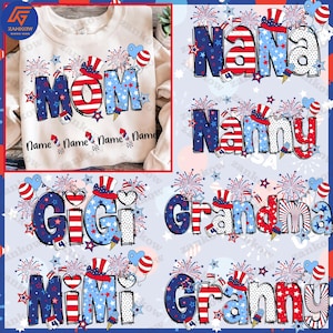 Puede incluir: Una sudadera crema con la palabra "MOM" en rojo, blanco y azul, decorada con fuegos artificiales, estrellas y conos de helado. También incluye las palabras "Nana", "Nanny", "Gigi", "Grandma", "Mimi" y "Granny".