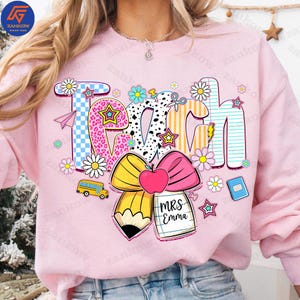 Preppy Teacher Pencil Coquette Bow Png, Custom Teacher Name Png, Leopard Png, Retro Teach Love Inspire Png, Checkered Teacher Sublimation