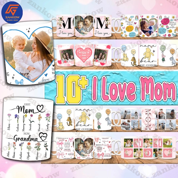 10+ Custom Coquette I Love You MOM Mug Png Bundle, Heart Photo Template for Sublimation, Mother's Day Custom Gift, Happy Mother’s Day