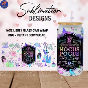 Neon Halloween Coffee Witch Sisters Sublimation, Movie Halloween 16oz Glass Can Wrap PNG, Halloween Sisters Glass Can Design PNG