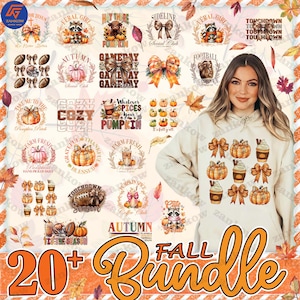 May include: A beige hoodie with a fall-themed design, featuring pumpkins, bows, and coffee cups. The image also showcases various fall-themed graphics and the text "20+ Fall Bundle."