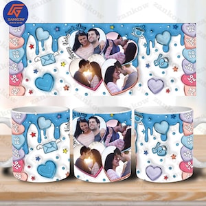 CUSTOM 3D Inflated Glitter Couple Valentines Day 11oz Mug Wrap, Photo Pink Hearts Puffy 11oz Mug Wrap Design, Add Your Own Photo Png