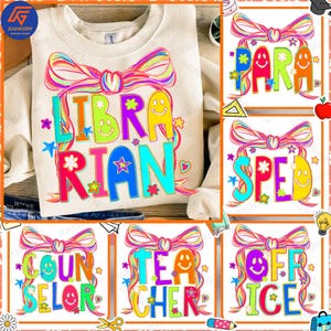 Preppy Teacher/Para/Counselor/Librarian Back to School Bundle PNG, Teacher Coquette First Day of School Png, Girly Pink Bow Png,Digital File