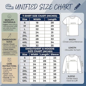 May include: A unified size chart for t-shirts, sweatshirts, and hoodies in inches. It includes quality materials, embroidery sizes, and care instructions. Diagrams illustrate width, length, and sleeve measurements for apparel sizing reference.