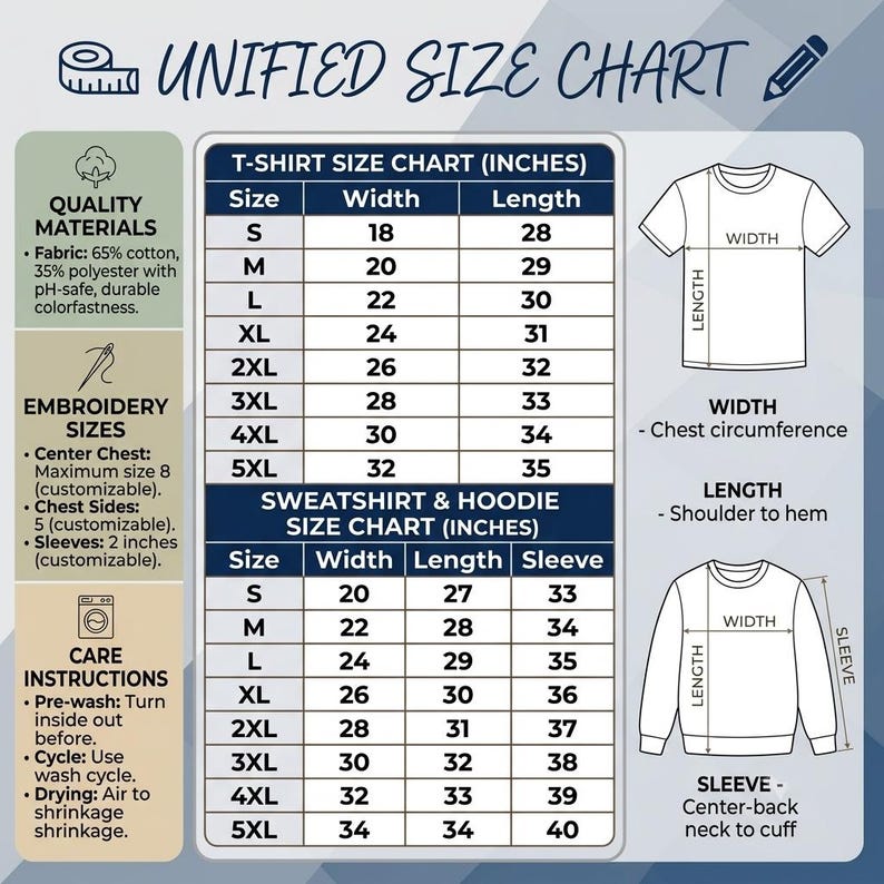 May include: A unified size chart for t-shirts, sweatshirts, and hoodies in inches. It includes quality materials, embroidery sizes, and care instructions. Diagrams illustrate width, length, and sleeve measurements for apparel sizing reference.