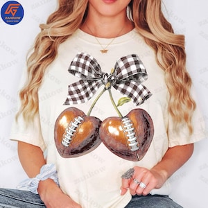 Retro Cherry Football Coquette Bow Png, Touch Down Season Png, Football Mama Shirt Design, Checkered American Football Game Day Png