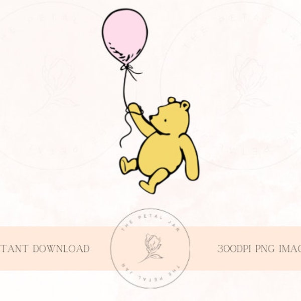 Classic Winnie the Pooh pink balloon digital download | original pooh sublimation design png