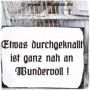 以下が含まれることがあります： 白い看板に黒い文字で「Etwas durchgeknallt ist ganz nah an Bundervoll!」と書かれています。看板は白い木製のフェンスに掛けられています。