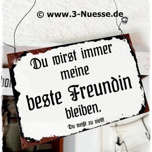 Peut inclure: Panneau rectangulaire avec fond blanc et bordure marron. Le panneau porte le texte noir "Du wirst immer meine beste Freundin bleiben. Du weißt zu viel!!!" Le panneau est suspendu par un fil.