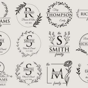 May include: A collection of 10 different black and white family name logo designs. Each logo features a unique combination of a letter, a floral wreath, and a family name. The logos are perfect for use on wedding invitations, stationery, and other personalized items.