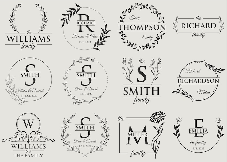 May include: A collection of 10 different black and white family name logo designs. Each logo features a unique combination of a letter, a floral wreath, and a family name. The logos are perfect for use on wedding invitations, stationery, and other personalized items.