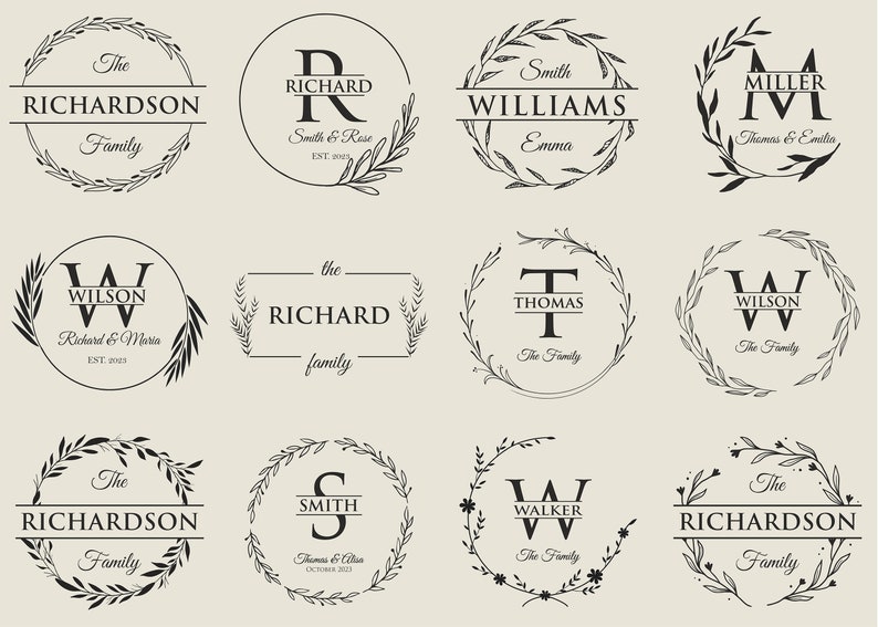 Puede incluir: Un conjunto de 10 dise&ntilde;os de monogramas en blanco y negro con guirnaldas florales. Cada dise&ntilde;o presenta una letra, un nombre y un apellido. Los dise&ntilde;os son perfectos para crear logotipos personalizados, invitaciones y otros art&iacute;culos de papeler&iacute;a.