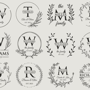 May include: A collection of 10 different monogram designs featuring a single letter surrounded by a wreath. Each design includes the letter, a name, and the text "the family" or "EST. 2023".