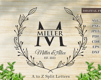 Family Name Monogram SVG: Floral Wreath, Wedding, Cutting Board (Digital File)