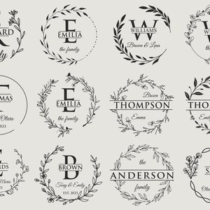 May include: A set of 10 black and white monogram designs featuring a letter surrounded by a wreath of leaves and flowers. Each design includes a name and a short phrase, such as "the family" or "Brown & Leno".