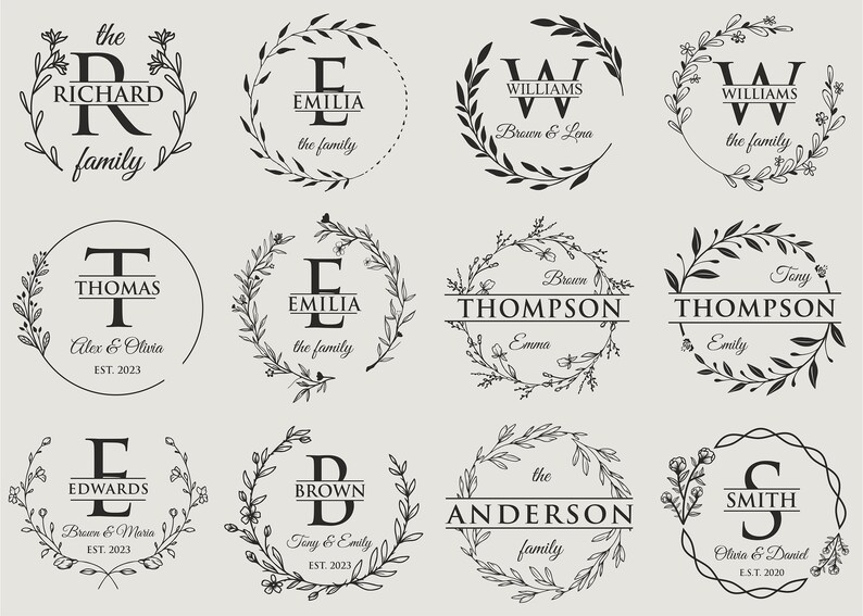May include: A set of 10 black and white monogram designs featuring a letter surrounded by a wreath of leaves and flowers. Each design includes a name and a short phrase, such as "the family" or "Brown & Leno".