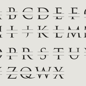 May include: A graphic alphabet with each letter split in half with a line through the middle. The letters are in black and the background is light gray.