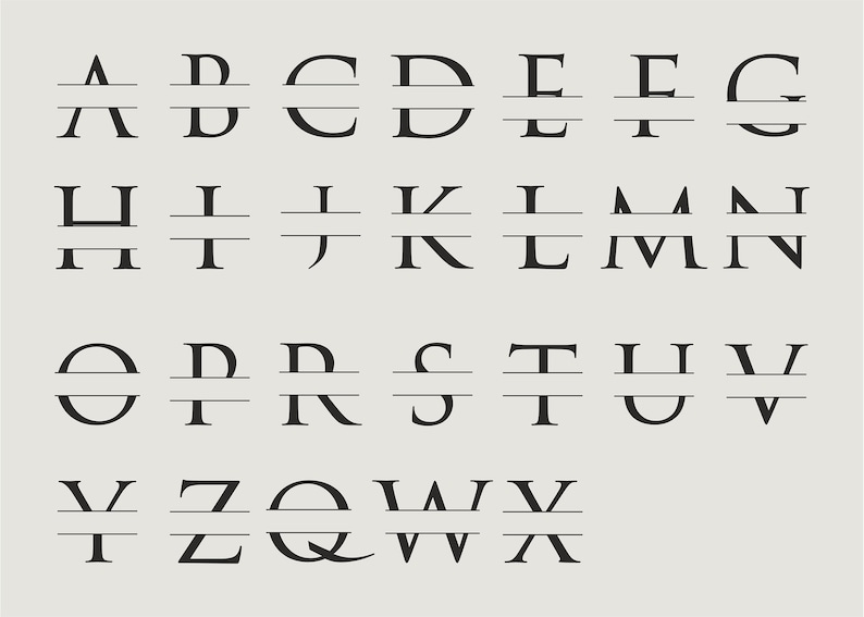 May include: A graphic alphabet with each letter split in half with a line through the middle. The letters are in black and the background is light gray.