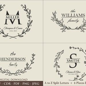 May include: Four black and white floral wreaths with split letter monograms and family names. The wreaths are for the Miller, Williams, Henderson, and Smith families. The wreaths include the names of the couples and their wedding dates.